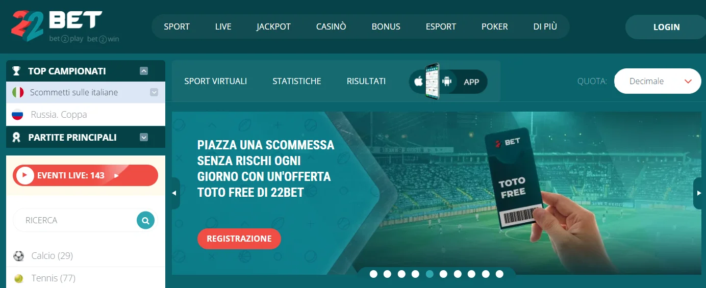 Schermata del sito 22Bet