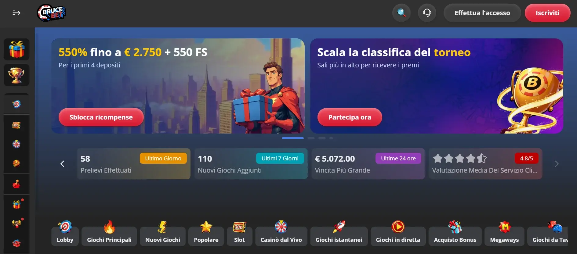 Schermata del sito Bruce Bet