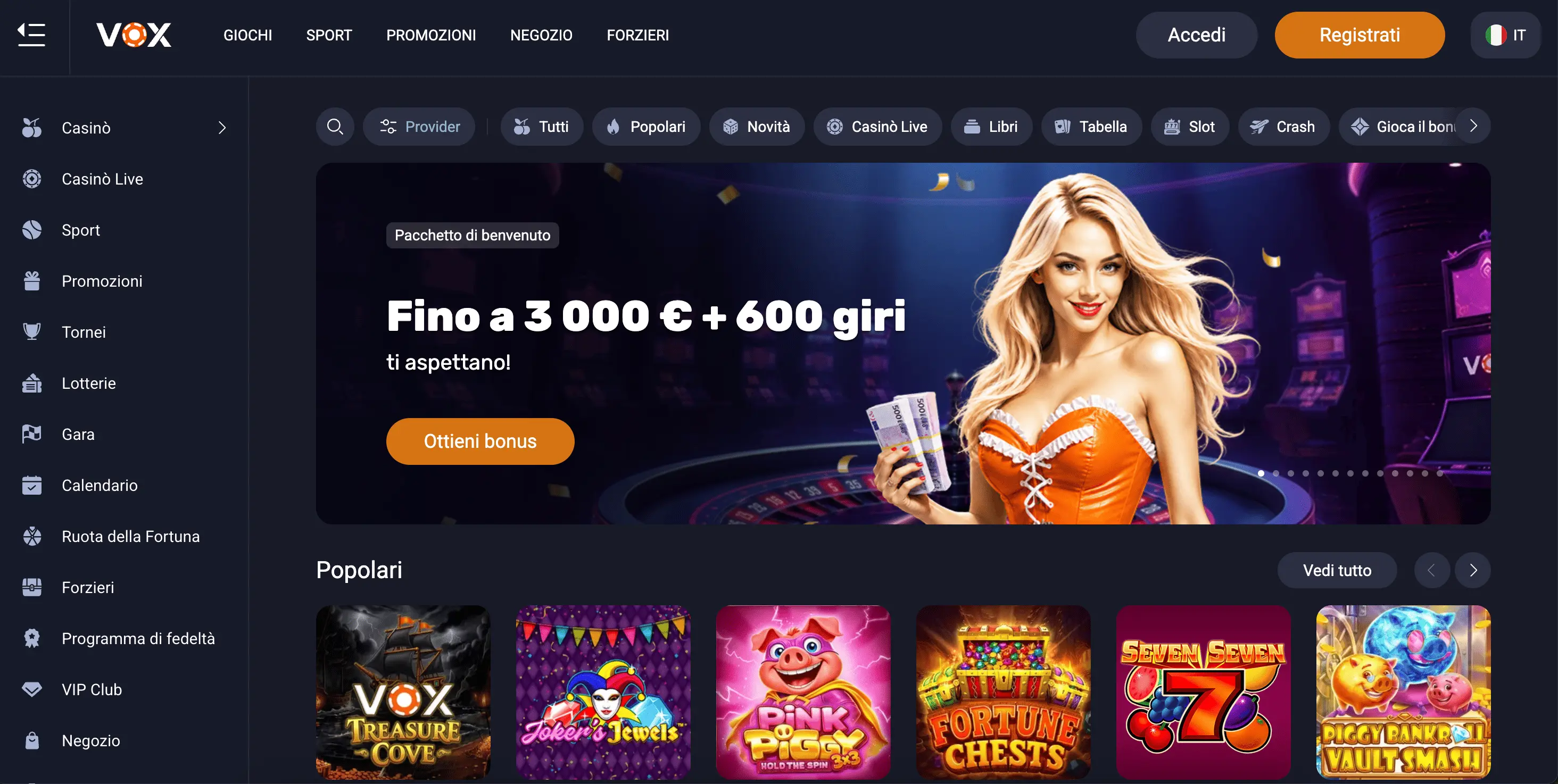 Schermata del sito VOX Casino
